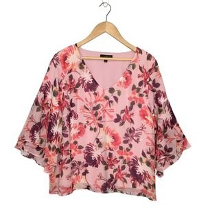 Lane Bryant Floral Tropical Flutter 3/4 Tiered Sleeves V Neck Lined Pink 14/16